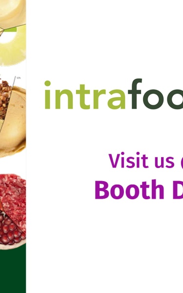 Assortment of fruits, vegetables, cheese etc. on the left with the Intrafood:24 Logo on the right, below the text: Visit us @ Booth D39.