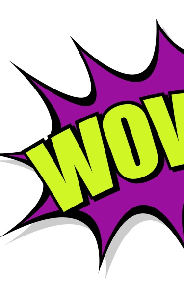 The word WOW in light green capital letters on purple background