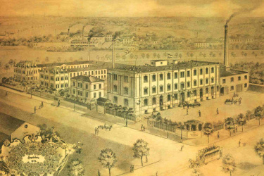 Old shaded image of the first OlbichtArom company facilities from 1872.