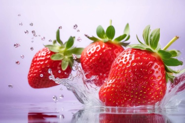 Three strawberries splashing into fresh water