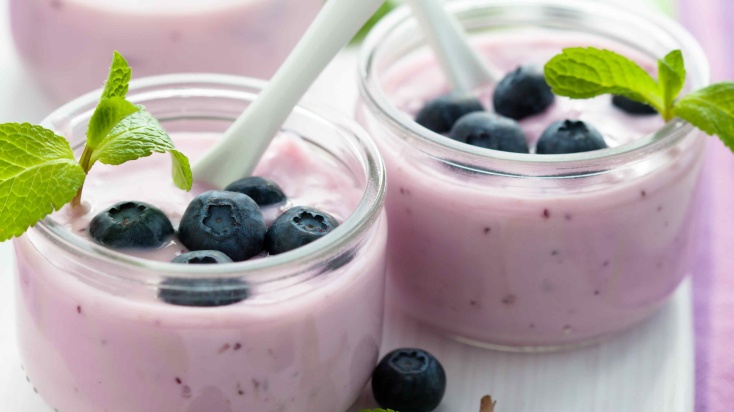 Three small glass bowls of blueberry yoghurt with blueberry fruits on top.