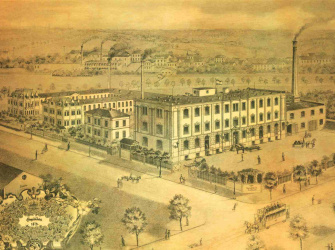 Old shaded image of the first OlbichtArom company facilities from 1872.