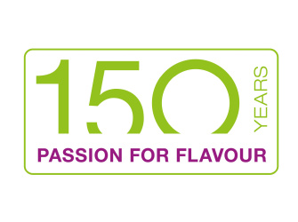 Logo of the 150 years anniversary of OlbrichtArom: the green number 150 above the statement: Passion for Flavour.