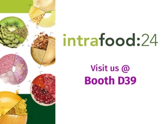 Assortment of fruits, vegetables, cheese etc. on the left with the Intrafood:24 Logo on the right, below the text: Visit us @ Booth D39.