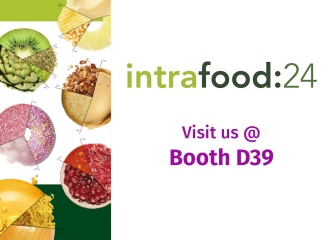 Assortment of fruits, vegetables, cheese etc. on the left with the Intrafood:24 Logo on the right, below the text: Visit us @ Booth D39.